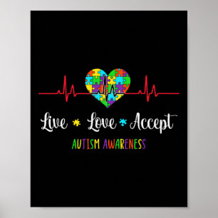 Live Love Accept Autism Awareness Heartbeat Blue A Poster