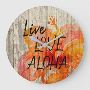 Live Love Aloha Hibiscus Beach Sign Large Clock