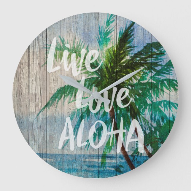 Live Love Aloha Palm Tree Beach Sign Large Clock (Front)