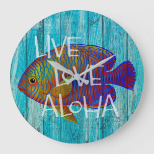 Live Love Aloha Tropical Fish Beach Sign Large Clock