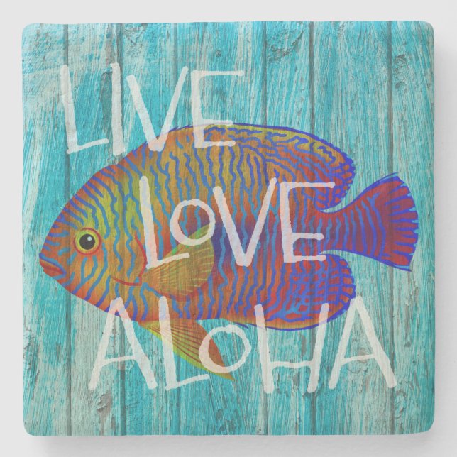 Live Love Aloha Tropical Fish Beach Sign Stone Coaster (Front)