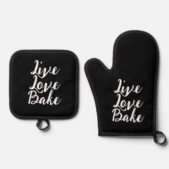 Live Love Bake Funny Black White Modern Script  Oven Mitt & Pot Holder Set (Front)