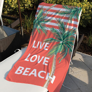 Live Love Beach Tropical Palm Trees Coral Stripes Towel