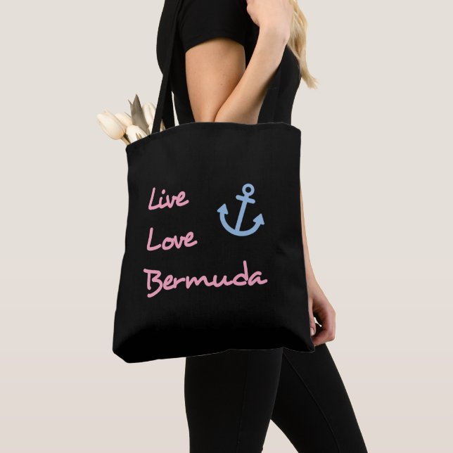 Live Love Bermuda Script Text with Anchor Dark Tote Bag (Close Up)
