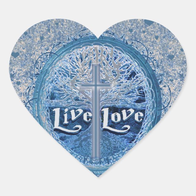 Live Love Cross Blue Tree of Life Pattern Heart Sticker (Front)