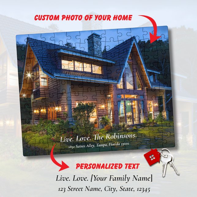 Live. Love. [Family Name] New Home Photo & Address Jigsaw Puzzle (Housewarming Gift, New Home, Real Estate Gift Custom House Photo Personalized Text & Address )