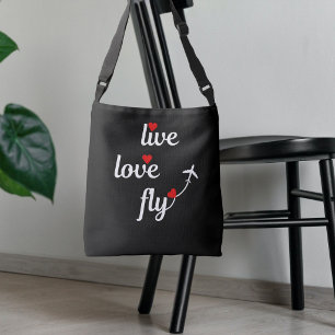 Live Love Fly Text Hearts and Aeroplane Travel Crossbody Bag
