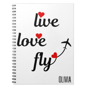 Live Love Fly Typography & Hearts, Aeroplane Flyin Notebook