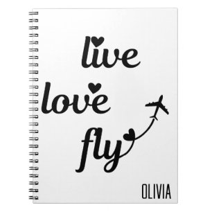 Live Love Fly Typography & Hearts, Aeroplane Flyin Notebook