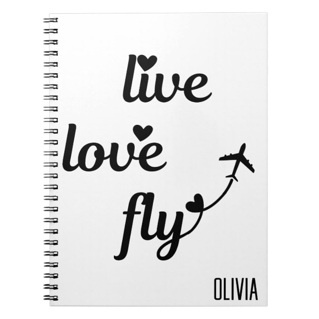 Live Love Fly Typography & Hearts, Aeroplane Flyin Notebook (Front)