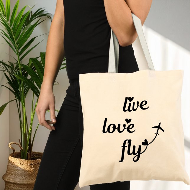 Live Love Fly Typography & Hearts, Aeroplane Flyin Tote Bag (Creator Uploaded)