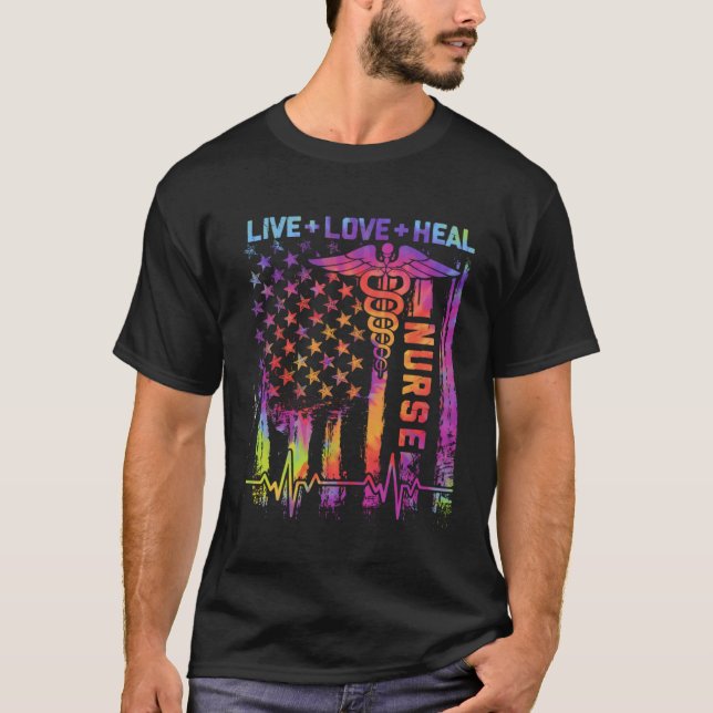 Live Love Heal American US Flag Heartbeat Nurse Da T-Shirt (Front)