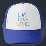 Live Love Latke Hanukkah Design Trucker Hat<br><div class="desc">Celebrate the joy of Hanukkah with this colourful "Live Love Latke" design. Featuring bright colours and playful typography,  this graphic is perfect for a variety of products,  from home decor to gifts. Add a touch of holiday spirit and deliciousness to your space with this fun and festive design.</div>
