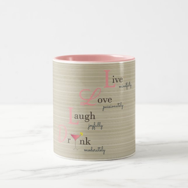 Live Love Laugh and Drink cocktail beige stripes Two-Tone Coffee Mug (Center)
