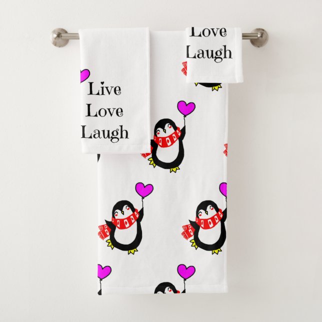 Live, Love, Laugh Happy Penguin Bath Towel Set (Insitu)