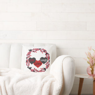 Live Love Laugh Red, White, and Black Heart Design Cushion