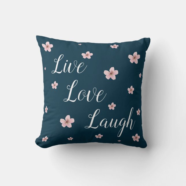 Live, Love, Laugh ~ Royal Blue - Pink Flowers Cushion (Front)