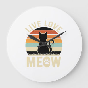 Live Love Meow Vintage Cat Sunset Design_1 Large Clock