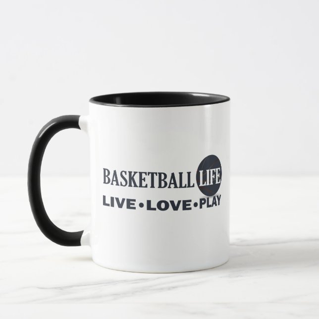 live love play basketball life blue text mug (Left)