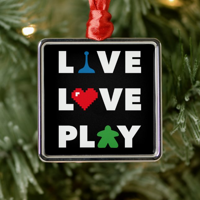 Live, Love, Play White Text Metal Ornament (Tree)