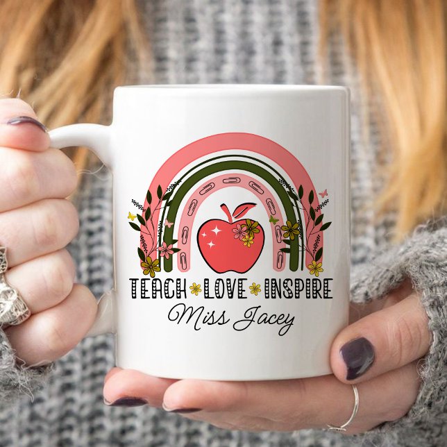 Live Love Teach Rainbow Teacher Appreciation  Coffee Mug (TEACH LOVE INSPIRE RAINBOW Personalized Name Teacher mug, teacher gift, teacher appreciation gifts)