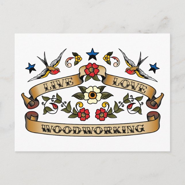 Live Love Woodworking Postcard (Front)
