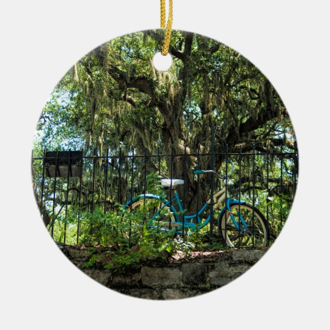 Live Oak Tree and Classic Bicycle Ceramic Ornament (Front)