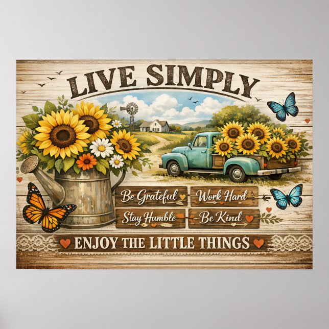 Live Simply Sunflower Farmhouse Inspirational Post Poster (Front)