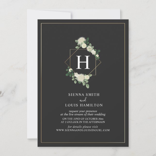 Live Stream Virtual Wedding Grey Floral Monogram Invitation (Front)