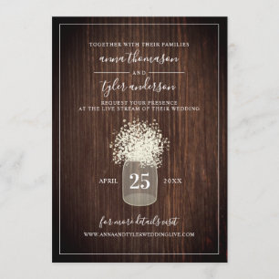 Live Stream Virtual Wedding Rustic Mason Jar Wood Invitation