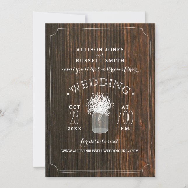 Live Stream Virtual Wedding Rustic Wood Mason Jar Invitation (Front)