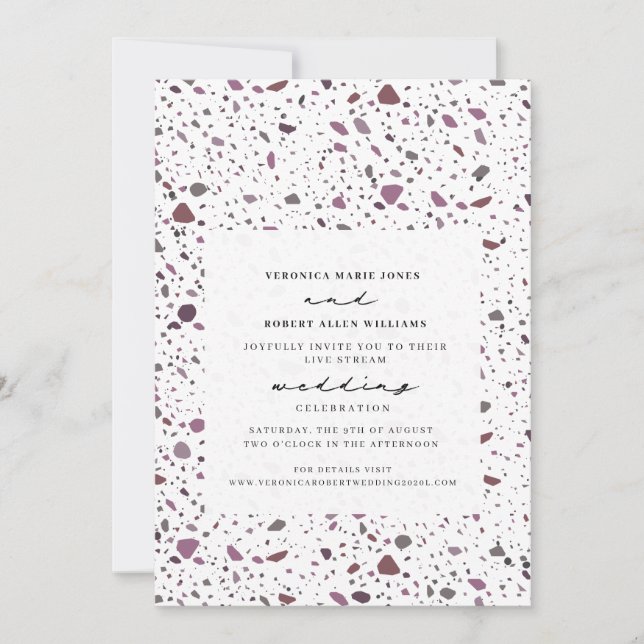 Live Stream Wedding Purple Cassis Terrazzo Invitation (Front)