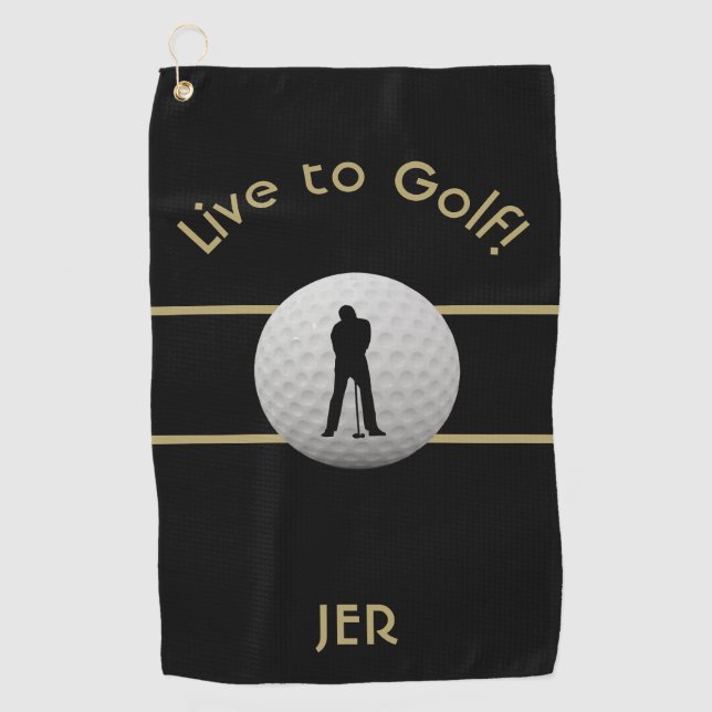 Live to Golf Quote Monogrammed Black & Gold Towel (Front)