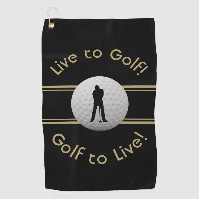 Live to Golf Quote Typography Black Golden Towel (Front)