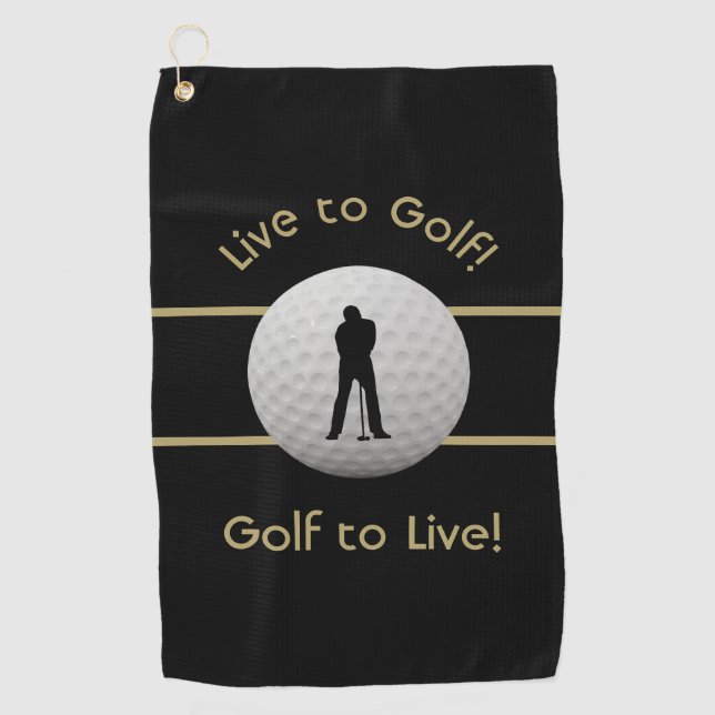 Live to Golf Quote Typography Black & Golden Towel (Front)