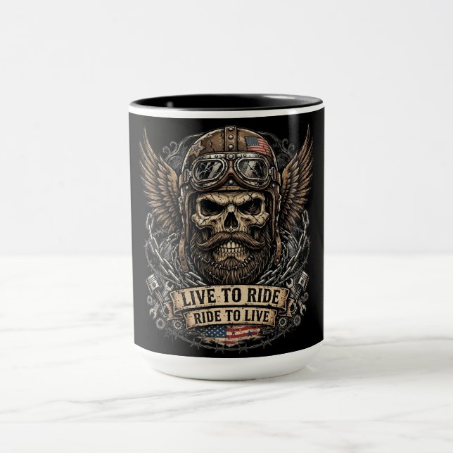 Live To Ride Bearded Skull Biker Mug (Center)