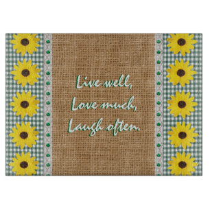 Live well cutting board gingham and burlap
