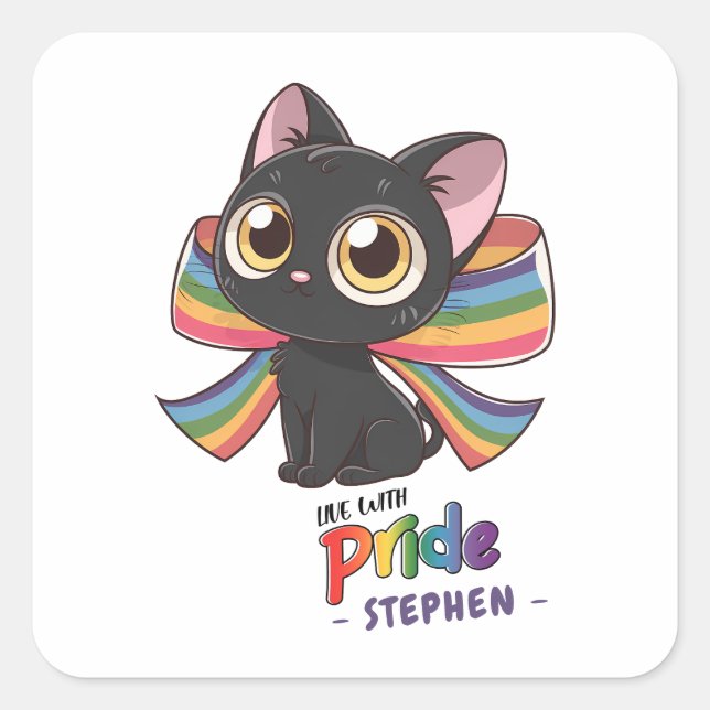 Live With Pride – Rainbow Cat LGBTQ Pride Square Sticker (Front)