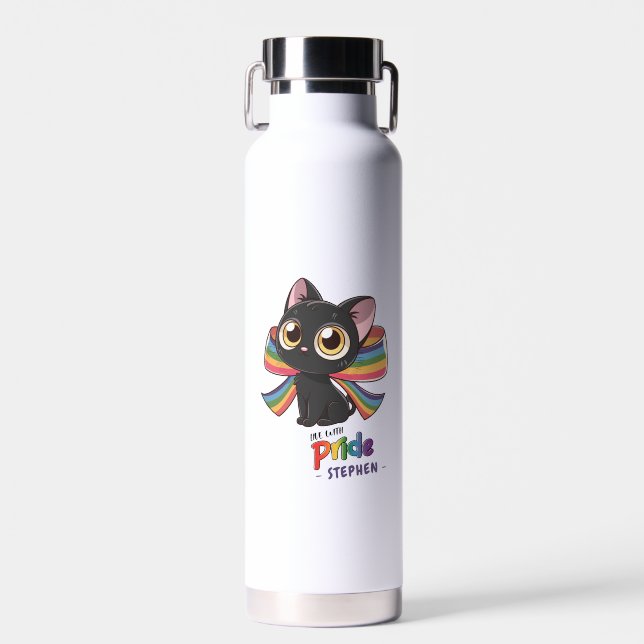 Live With Pride – Rainbow Cat LGBTQ Pride Water Bottle (Front)