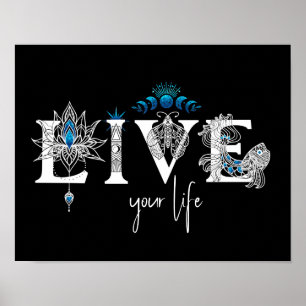 Live your life black blue sparkle Lotus moon Sun  Poster