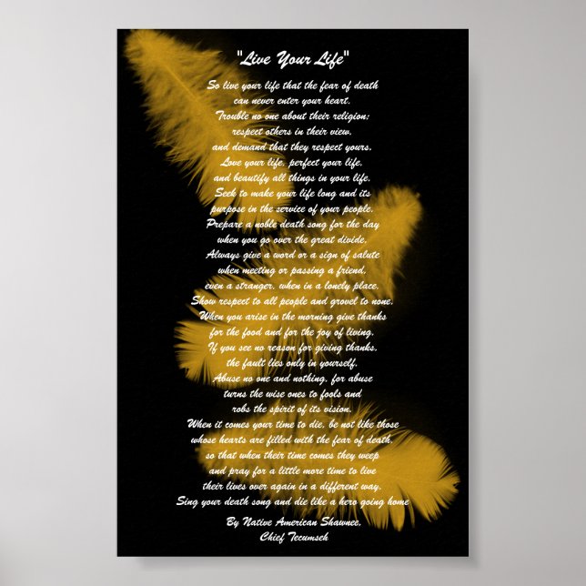"Live Your Life"  Golden feathers, Chief Tecumseh Poster (Front)