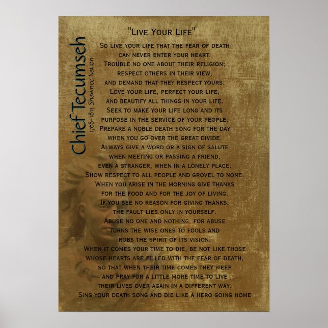 "Live Your Life"  on old parchment, Chief Tecumseh Poster (Front)