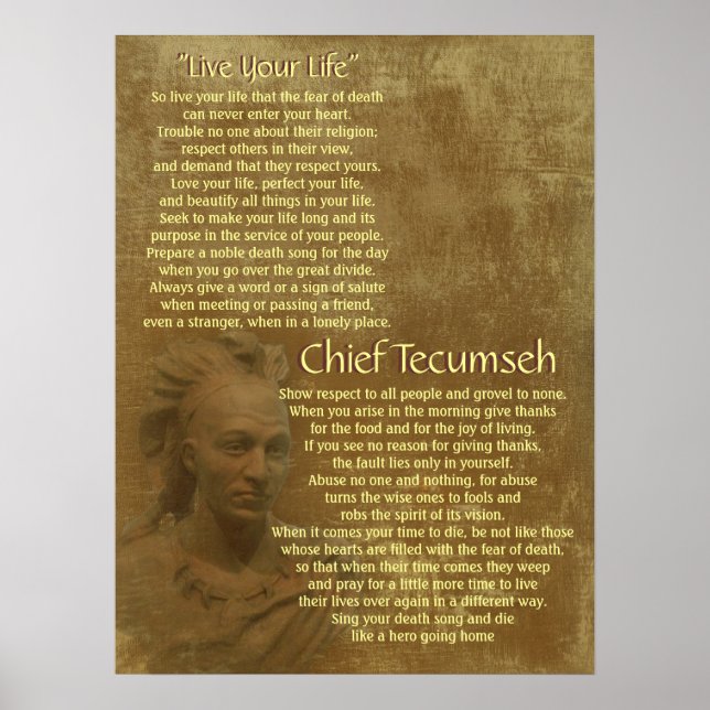 "Live Your Life"  on old parchment, Chief Tecumseh Poster (Front)