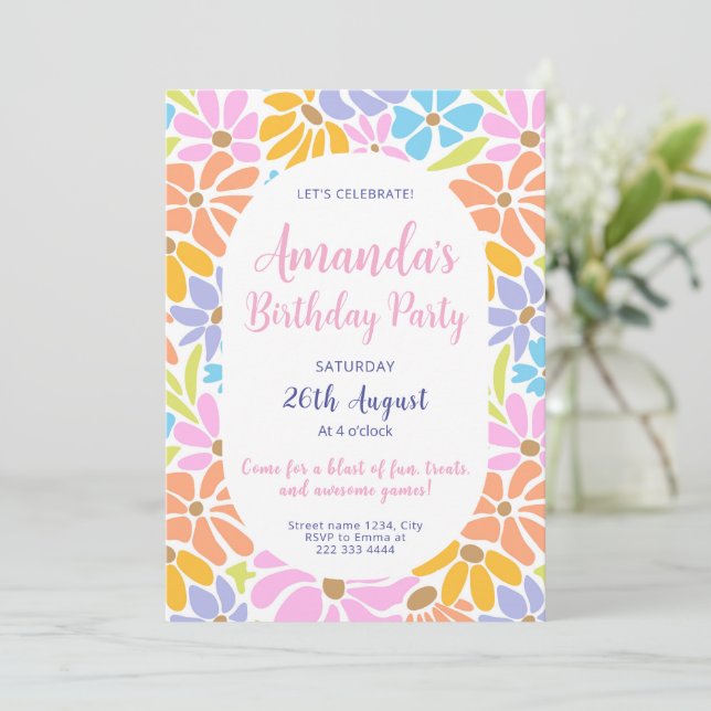 Lively Blossom Cheer Birthday Invitation (Standing Front)