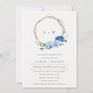 Lively Blue Floral Wood Wreath Engagement Invite