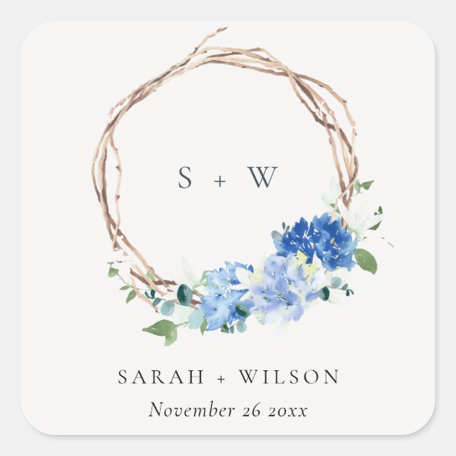Lively Blue Floral Wooden Wreath Wedding Monogram Square Sticker (Front)