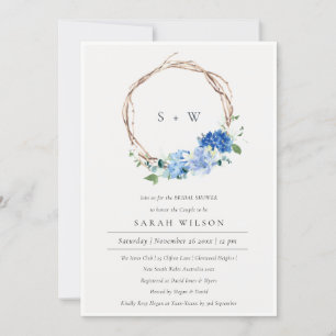Lively Blue Floral Wreath Bridal Shower Invite 