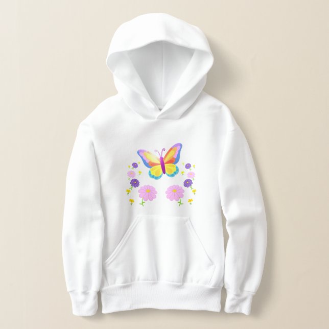 Lively Butterfly and Flowers Kids' Hoodie (Laydown)