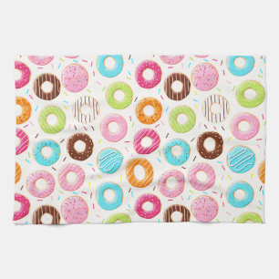 Lively colourful doughnuts sprinkles toppings tea towel