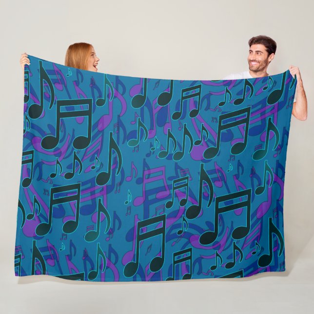 Lively Dancing Music Notes Blue Green Upbeat Fleece Blanket (In Situ)